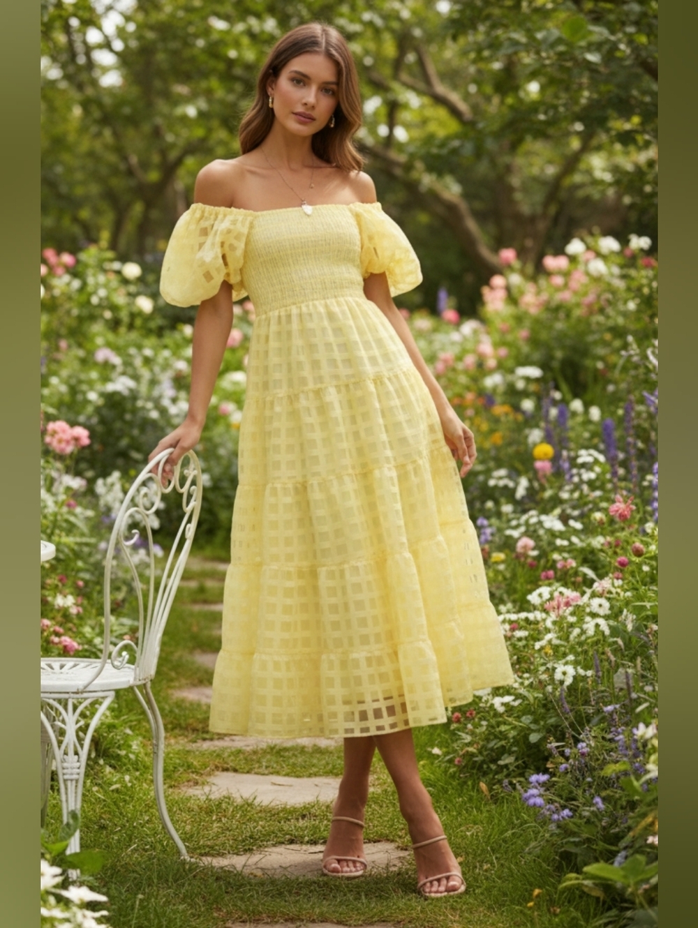 Off Shoulder Short Puff Sleeve Elastic Smocked Bodice Tiered A-line Midi Dress - Picture 1 of 14